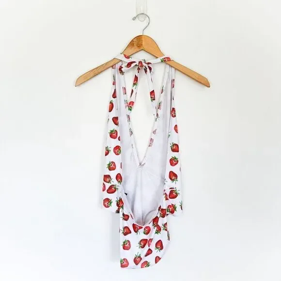 Blackmilk RARE SAMPLE All Over Strawberry Print Halter Tie Neck One-piece Swimsu - Picture 2 of 10